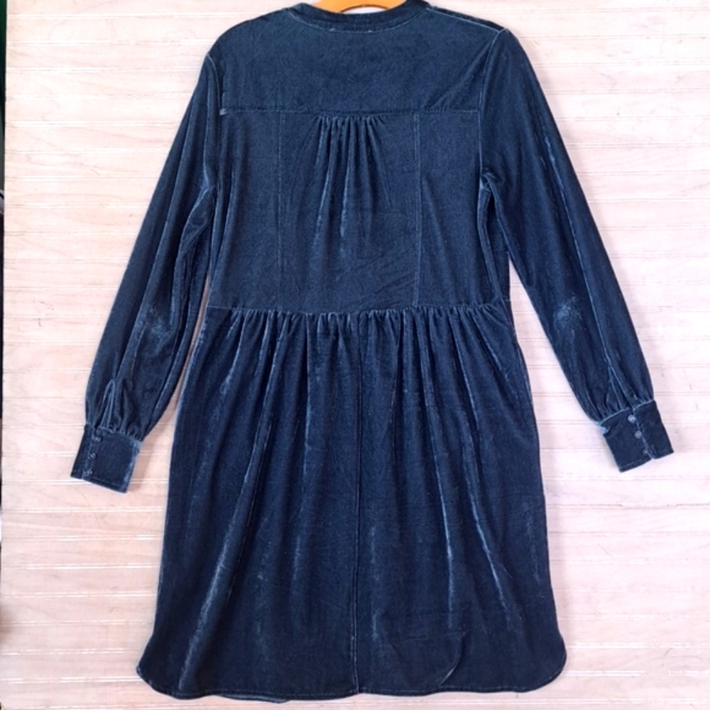 Cozy Casual Velvet Long Sleeve Button Front Pockets Dark Teal Relaxed Fit Dress - Picture 11 of 12